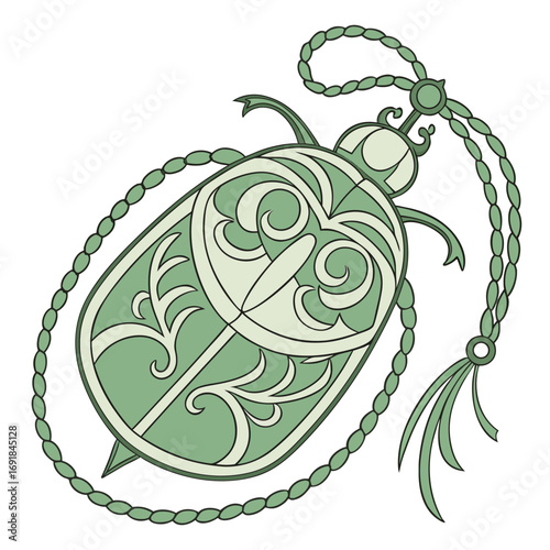 Ornate Scarab Beetle Pendant with Decorative Beaded Cord Keywords: scarab beetle, pendant, amulet