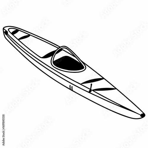 Outline Drawing of a Sleek Kayak on White Background Keywords: kayak, canoe, boat, watercraft, water