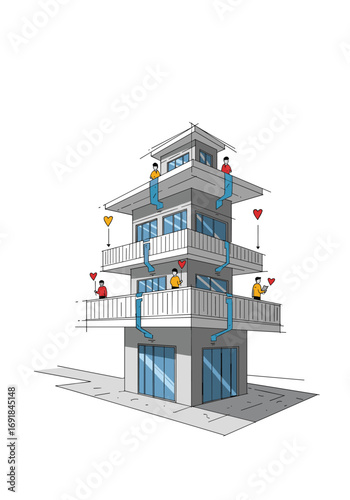 Illustration of modern multi story residential building with people on balconies