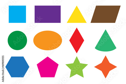 Geometric shapes illustration. Colorful polygon elements. Kids education concept. Vector basic forms. EPS 10.