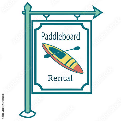 Paddleboard Rental Sign with Paddleboard and Paddle Illustration Keywords: paddleboard rental, rental