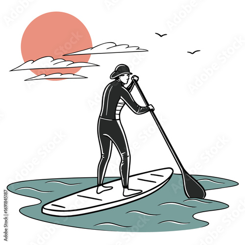 Person in wetsuit paddleboarding on water with sun and clouds stand up paddleboard water sport