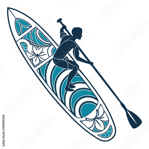 Silhouette of person paddleboarding on decorative stand up board with waves stand up paddleboard