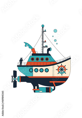 Whimsical steampunk submarine with a captain standing on deck and bubble effects