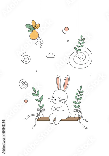 Adorable white bunny resting on a wooden swing surrounded by whimsical nature elements and soft clouds