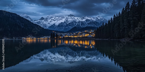 Serene Winter Night with a Snowy Mountain Town, Lights, and Lake Reflection for a Tourism Background