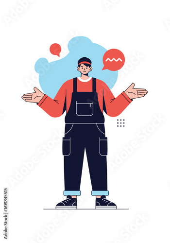 A confused construction worker shrugs with question marks floating above his head illustrating a problem or confusion