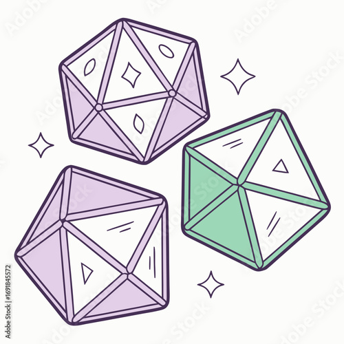 Three polyhedral dice with sparkles on white background Keywords: dice, polyhedral dice, d20, d12, d8