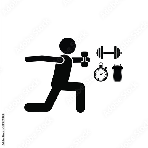 Fitness and workout icon set with person doing lunges.