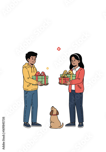 A joyful celebration of gifting and togetherness with a beloved canine companion during the festive season