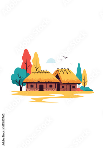 Charming traditional village houses with thatched roofs surrounded by colorful autumn trees and a serene sky