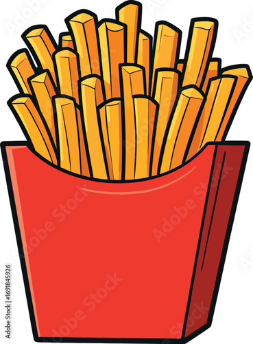 Cartoon Illustration of Freshly Cooked French Fries in a Red Box