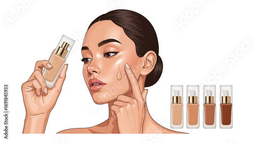 Beautiful young woman with flawless skin applying liquid foundation from a pump bottle showcasing makeup artistry and beauty product application