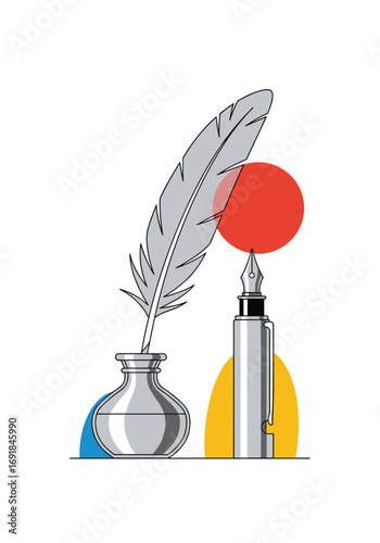 Classic quill pen inkwell and modern fountain pen artistry illustrating the evolution of writing tools