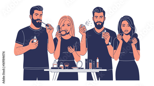 Diverse group of four people two men and two women applying fragrances and perfumes from bottles on a table creative illustration