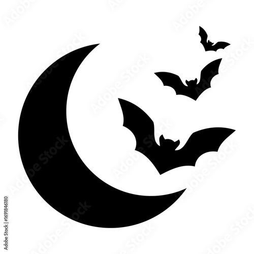 Grupo de siluetas de vampiro volando con media luna para su uso en felicitaciones y tarjetas de Halloween	