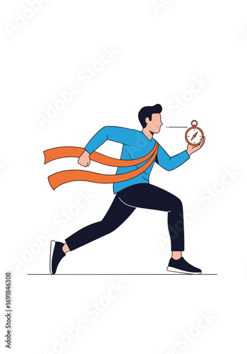 Man sprinting towards the finish line holding a stopwatch in his hand celebrating his victory