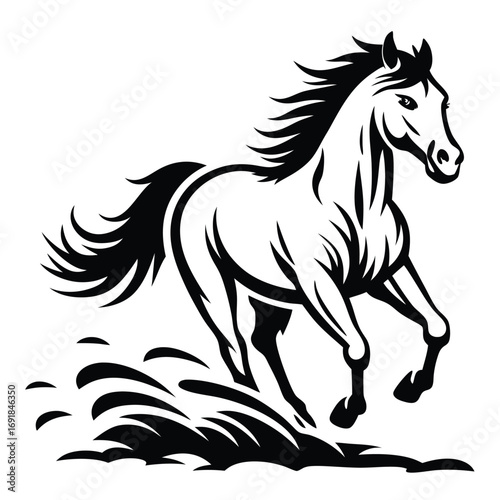 Black Galloping Horse on White Background, Isolated Design