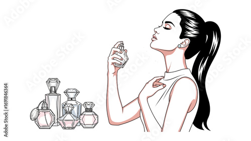 Elegant woman with dark hair in a ponytail smelling a perfume bottle surrounded by various elegant perfume bottles on a white background fashion illustration style