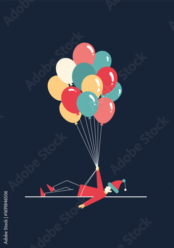 A festive character holding a bunch of colorful balloons in the air against a dark background