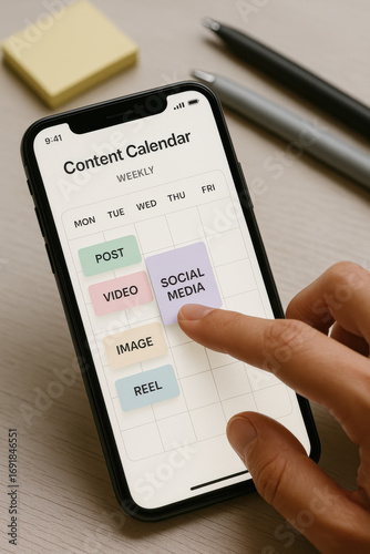 Content calendar on smartphone screen with hand planning social media posts weekly schedule