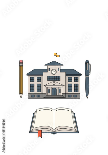 Back to school education learning knowledge building blocks and school supplies organized around a building