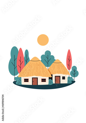 Charming rural village scene with traditional thatched roof homes and lush greenery under a bright sun