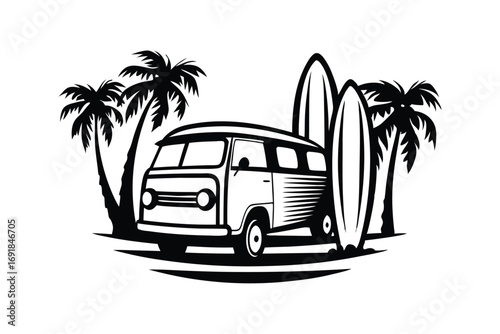 Black illustration shows bus with surfboards and palm trees at the beach