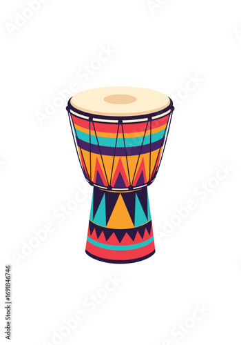 Vibrant ethnic djembe drum with colorful geometric patterns and natural wood finish