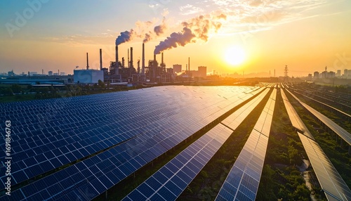 Solar Panels and Industrial Sunset: A Contrast of Energy Sources