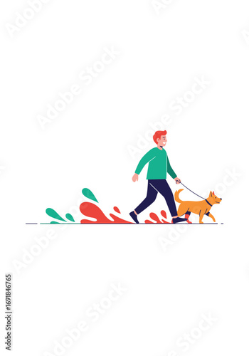 Man walking his dog outdoors enjoying a sunny day with splashes of water from a puddle