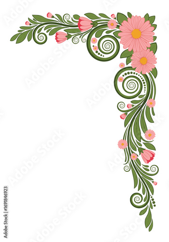 Elegant swirling floral design with delicate pink blossoms and green leaves