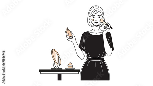 A stylish woman in a black dress applying makeup in a mirror with a brush and lipstick on a vanity table