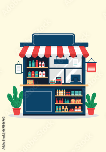 Illustrative representation of a small convenient store with shelves stocked with various goods and plants
