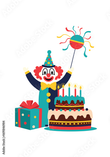 Joyful clown celebrating a birthday party with a festive cake and presents