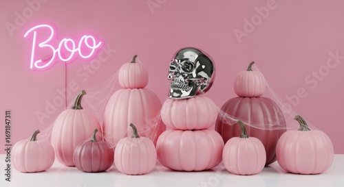 Stylish Halloween scene with pink pumpkins, a chrome skull, and a neon 'Boo' sign for a uniquely chic celebration