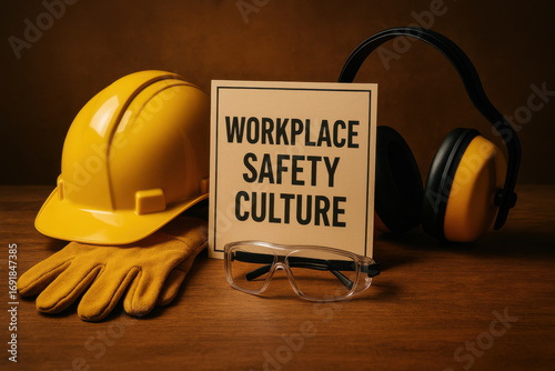 Workplace safety culture concept with protective helmet, gloves, glasses, and earmuffs wooden