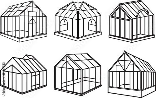 set of greenhouse outline vector illustration line art