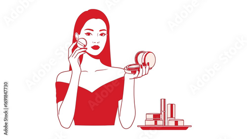 Stylish young woman applying lipstick in a compact mirror with makeup products and glasses on a table in a minimalist illustration style