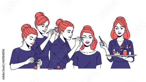 Diverse group of women applying makeup and beauty products in a tutorial or masterclass setting showcasing application techniques and product variety for a polished look