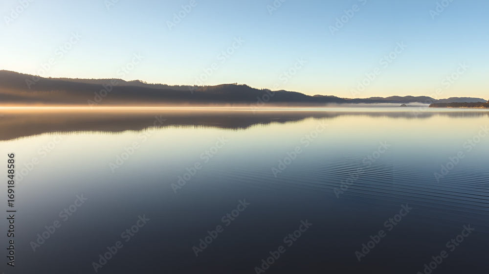 Obraz premium Lake in the early morning light, captured in a photo where the world is still waking up, and the water is calm and peaceful