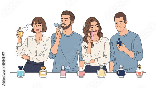 Diverse group of young adults enthusiastically smelling and testing various perfume bottles arranged on a table showcasing fragrance discovery and personal scent selection