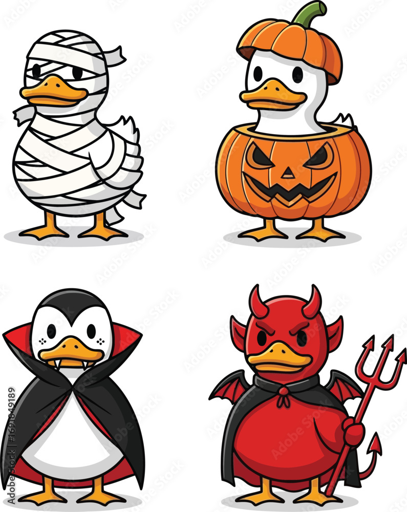 Fototapeta premium Cute Halloween Ducks: Mummy, Pumpkin, Vampire and Devil Illustration