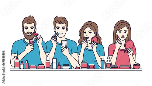 Diverse group of four young adults applying makeup and skincare products in a vibrant modern illustration style with a white background