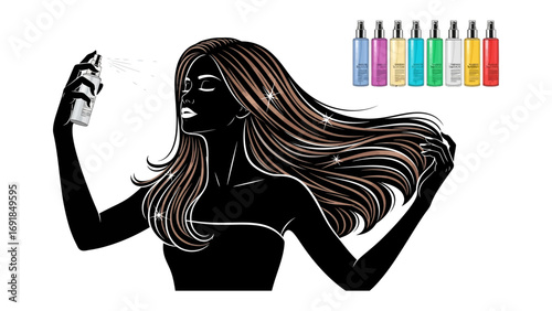 Stylized illustration of a woman with flowing long hair looking at her reflection with a collection of colorful hairspray bottles in the background