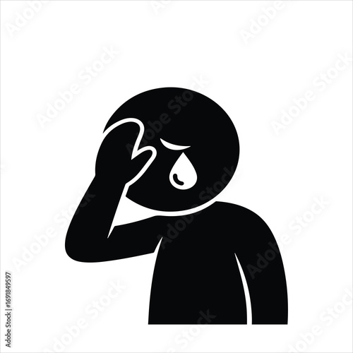Simple black stick figure icon crying with a teardrop.