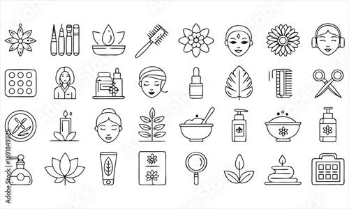 Collection of line art icons for beauty spa and wellness services