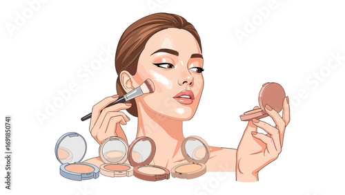 Young woman applying makeup with a brush to her cheek while looking in a compact mirror surrounded by beauty products