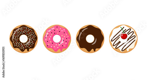 Four delicious frosted donuts displayed in a row featuring diverse toppings and colors vector