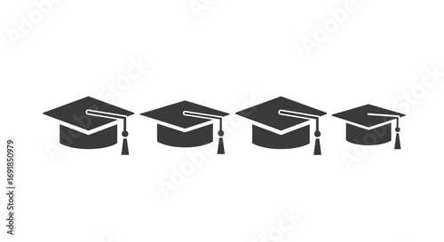 Row of four graduation caps with tassels symbolizing academic achievement and success vector